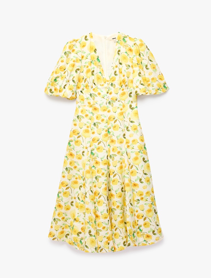  Viskon Kumaş Kısa Balon Kollu V Yaka Gül Baskılı Çiçekli Midi Boy Elbise