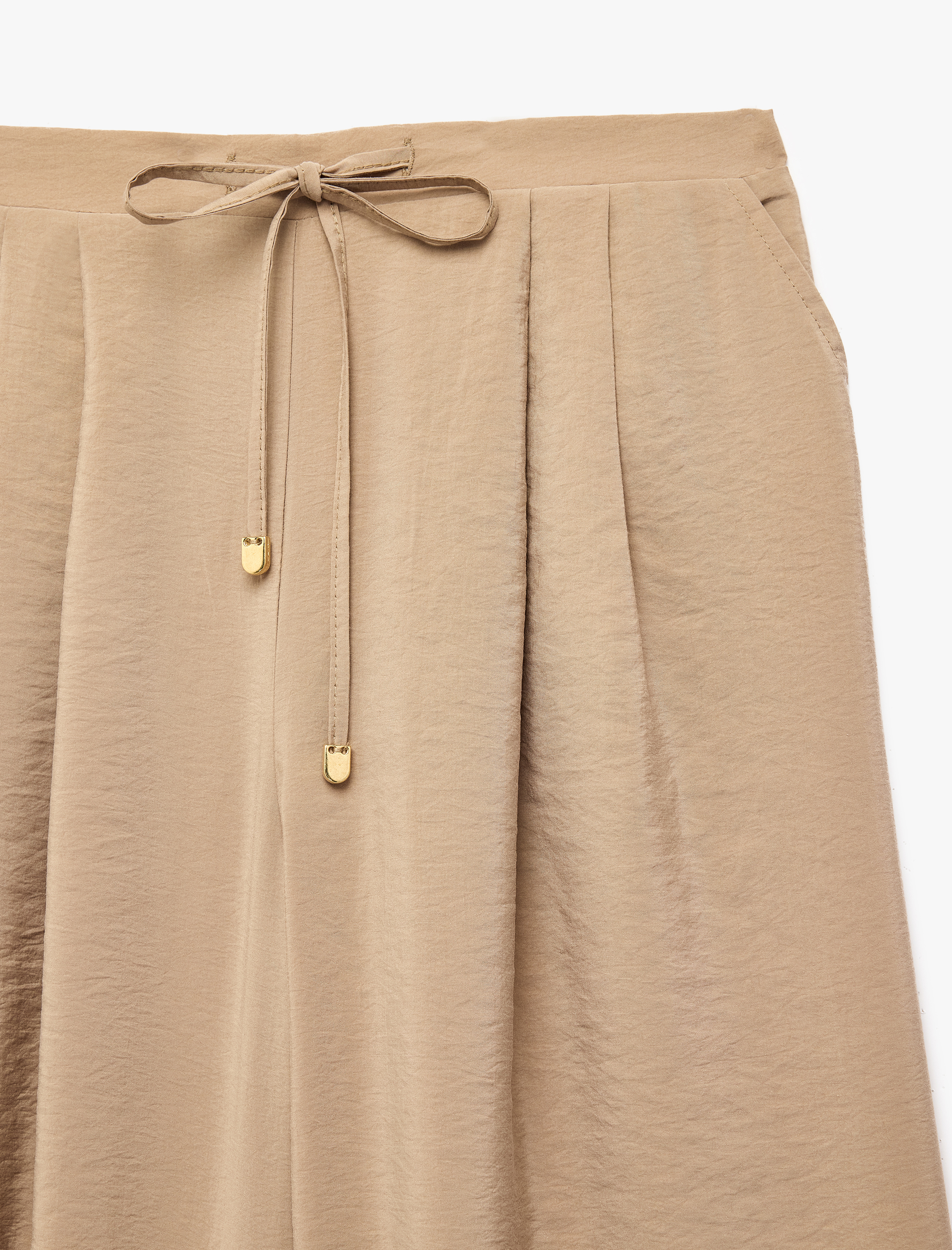   Modal Kumaş Beli Bağlamalı Pileli Straight Fit Geniş Paça Palazzo Pantolon