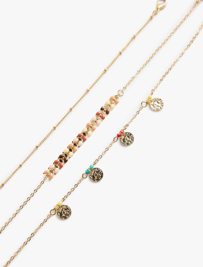 Kadın Boncuk Detaylı 3'lü Zincir Bileklik Seti