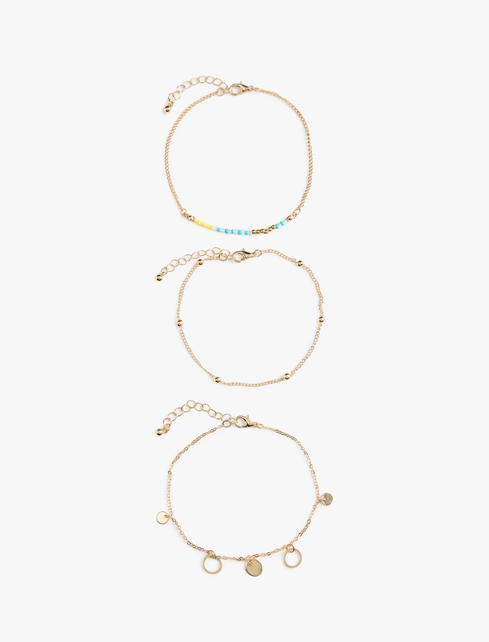 Kadın Boncuk Detaylı 3'lü Zincir Bileklik Seti