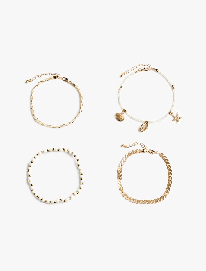 Kadın Boncuk Detaylı 4'lü Zincir Bileklik Seti