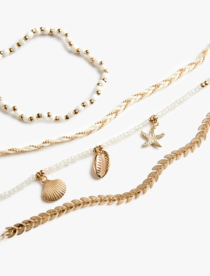 Kadın Boncuk Detaylı 4'lü Zincir Bileklik Seti