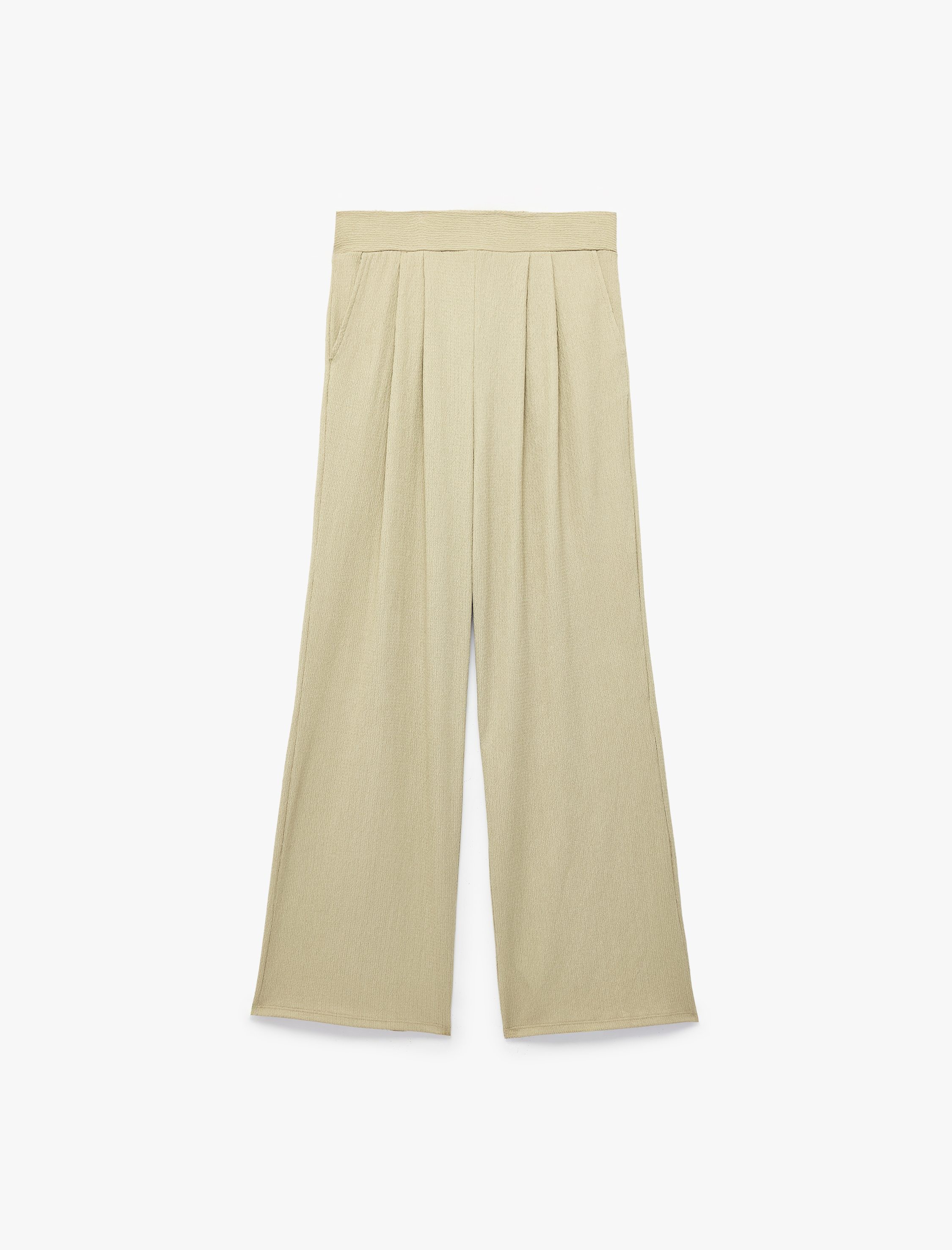   Bürümcük Kumaş Dokulu Cepli Pile Detaylı Geniş Paça Palazzo Pantolon