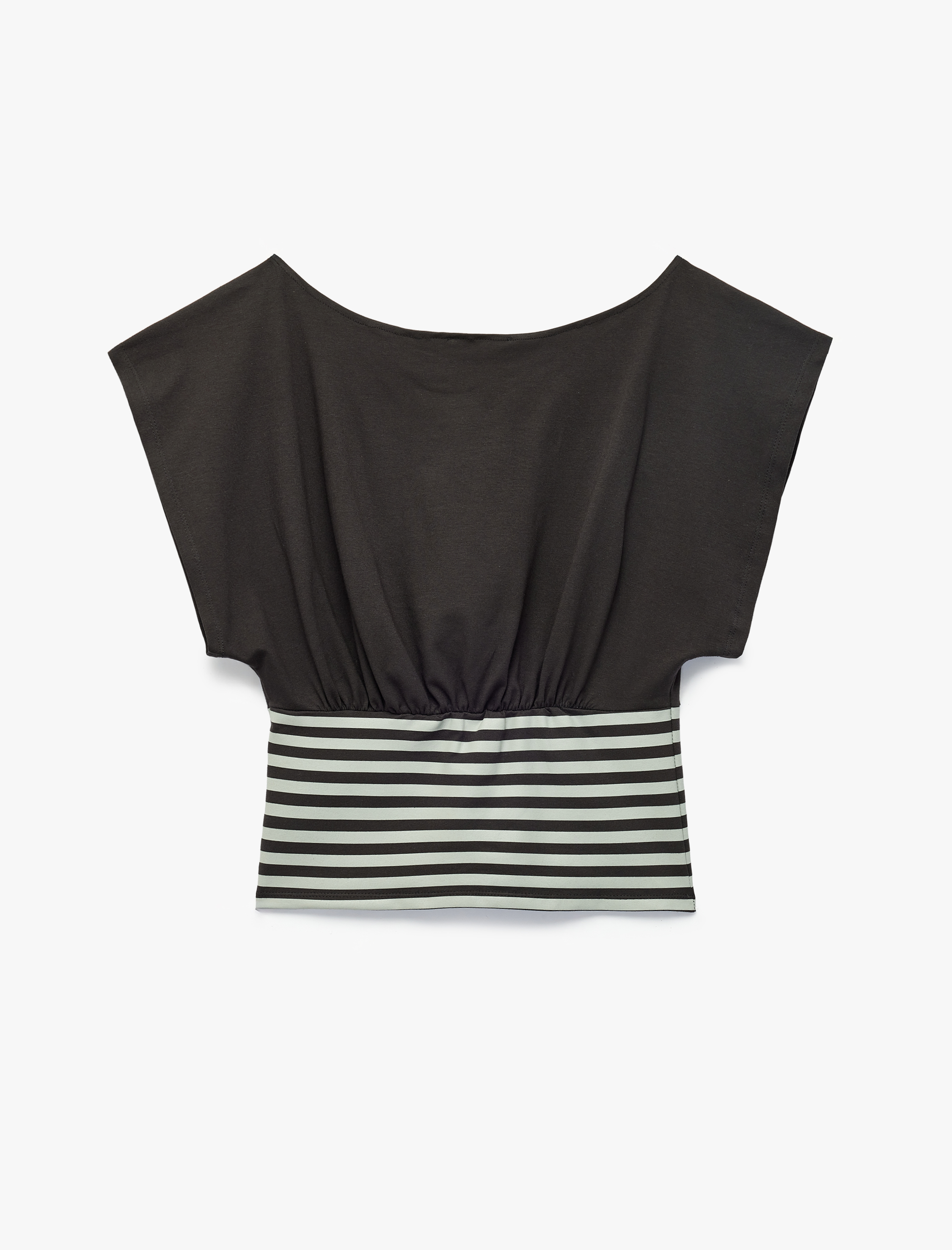   Slim Fit Pamuklu Çizgili Kayık Yaka Kısa Kollu Baskılı Tişört