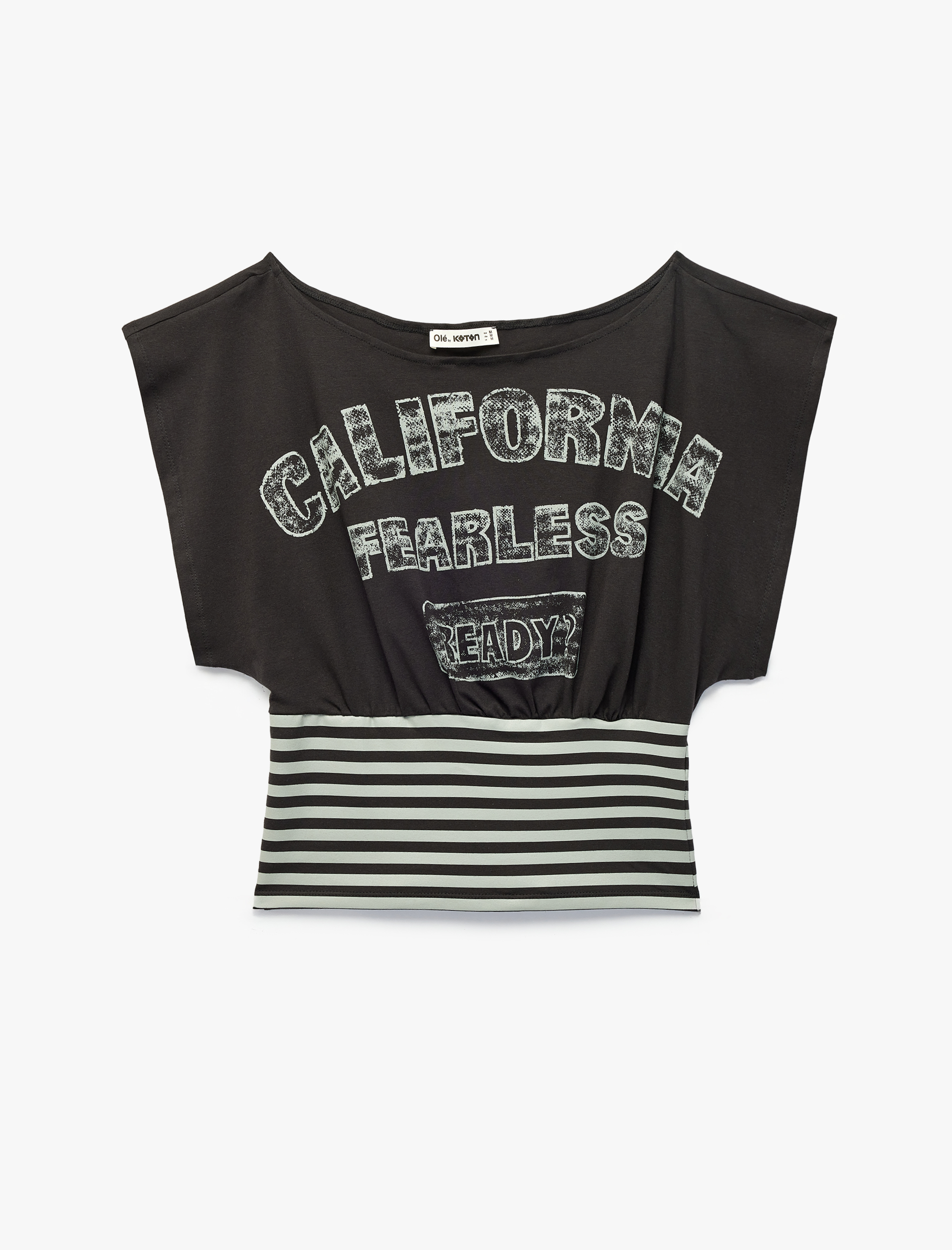   Slim Fit Pamuklu Çizgili Kayık Yaka Kısa Kollu Baskılı Tişört