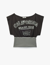 Slim Fit Pamuklu Çizgili Kayık Yaka Kısa Kollu Baskılı Tişört