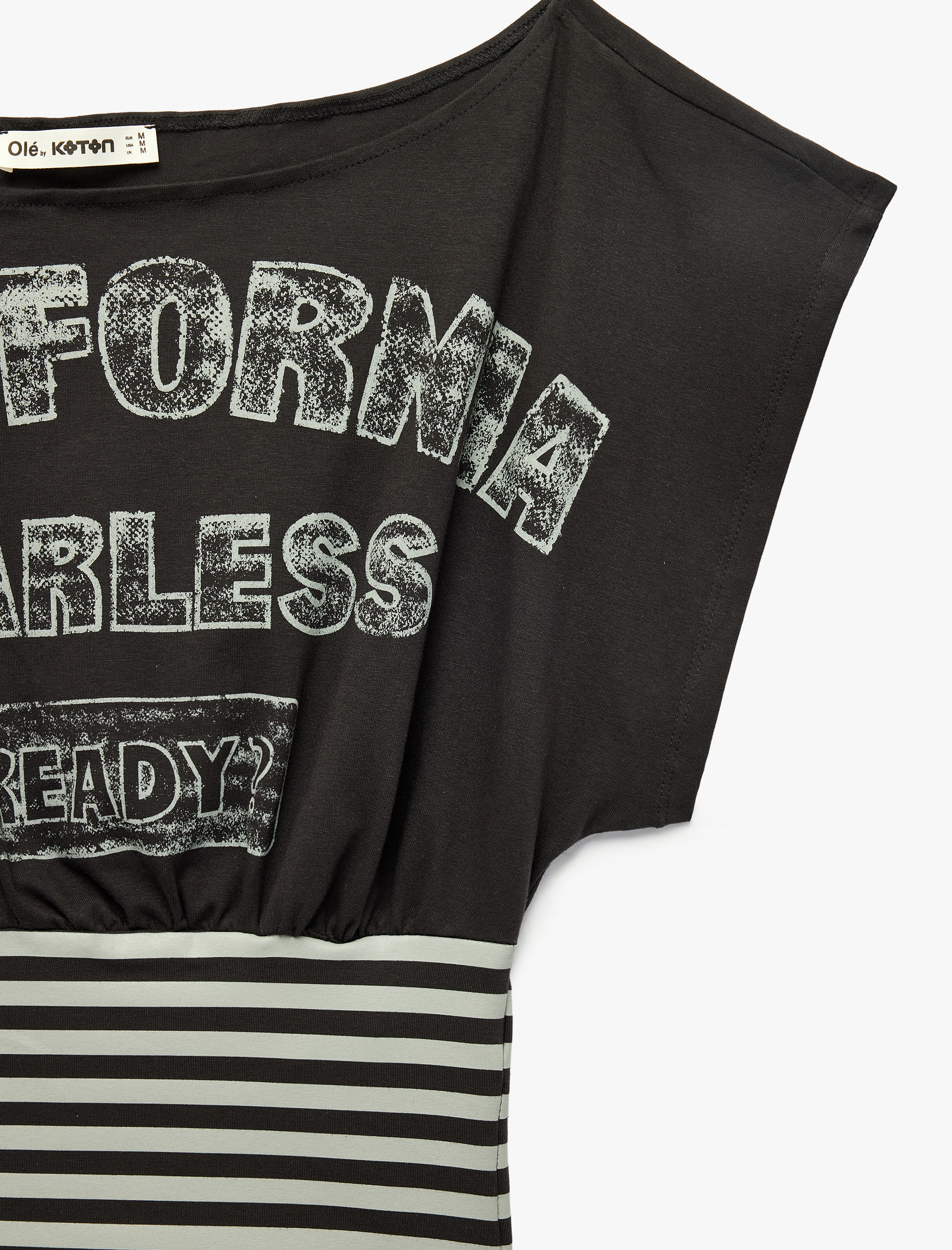   Slim Fit Pamuklu Çizgili Kayık Yaka Kısa Kollu Baskılı Tişört