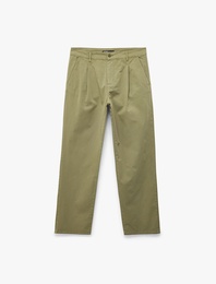 Regular Fit Düğmeli Cepli Pamuklu Pileli Gabardin Yazlık Pantolon