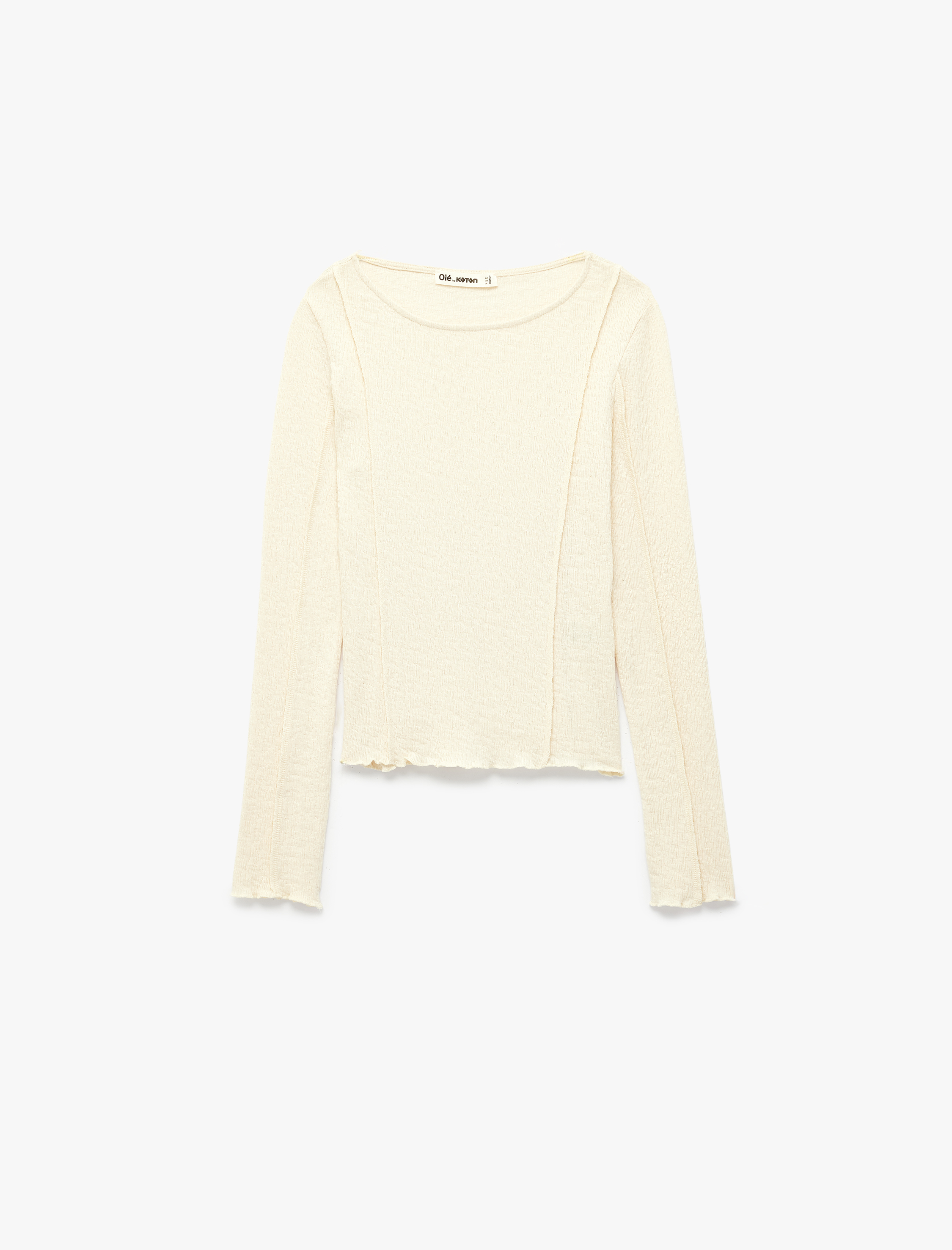   Pamuklu Nervürlü Slim Fit Kayık Yaka Uzun Kollu Tişört