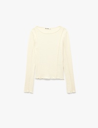 Pamuklu Nervürlü Slim Fit Kayık Yaka Uzun Kollu Tişört