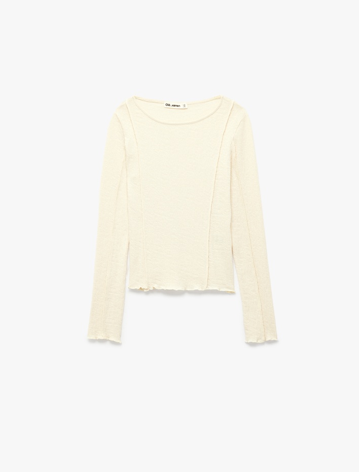  Pamuklu Nervürlü Slim Fit Kayık Yaka Uzun Kollu Tişört