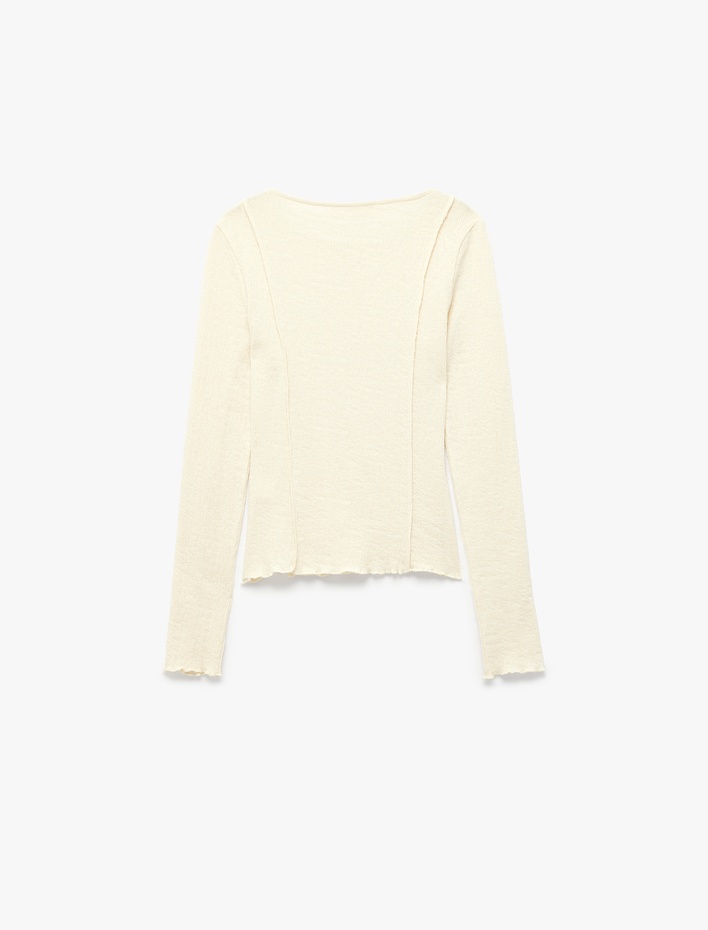  Pamuklu Nervürlü Slim Fit Kayık Yaka Uzun Kollu Tişört