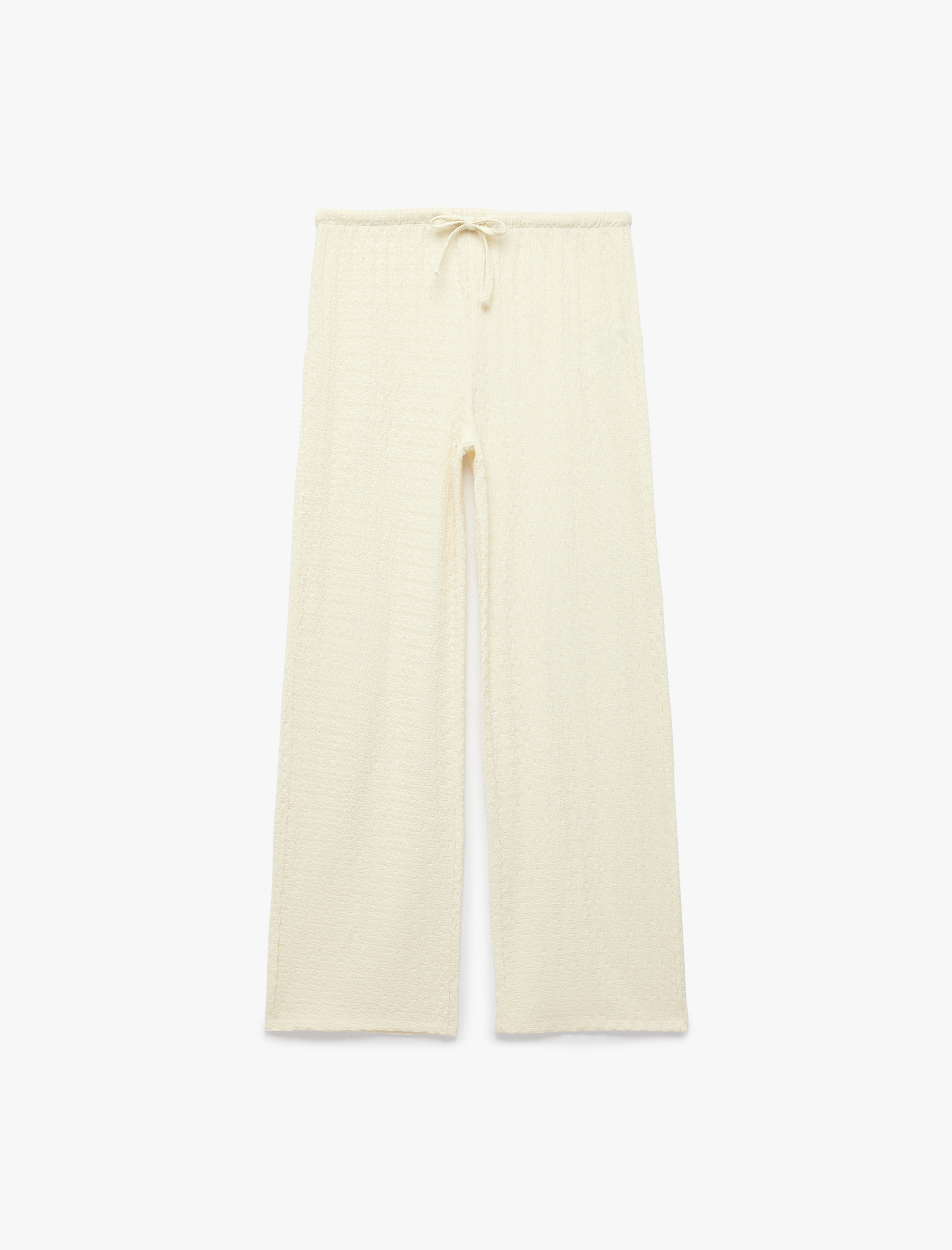   Bürümcük Kumaş Dokulu Beli Bağcıklı Düz Bol Paça Pantolon