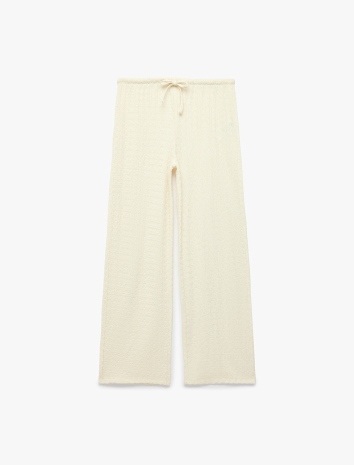  Bürümcük Kumaş Dokulu Beli Bağcıklı Düz Bol Paça Pantolon