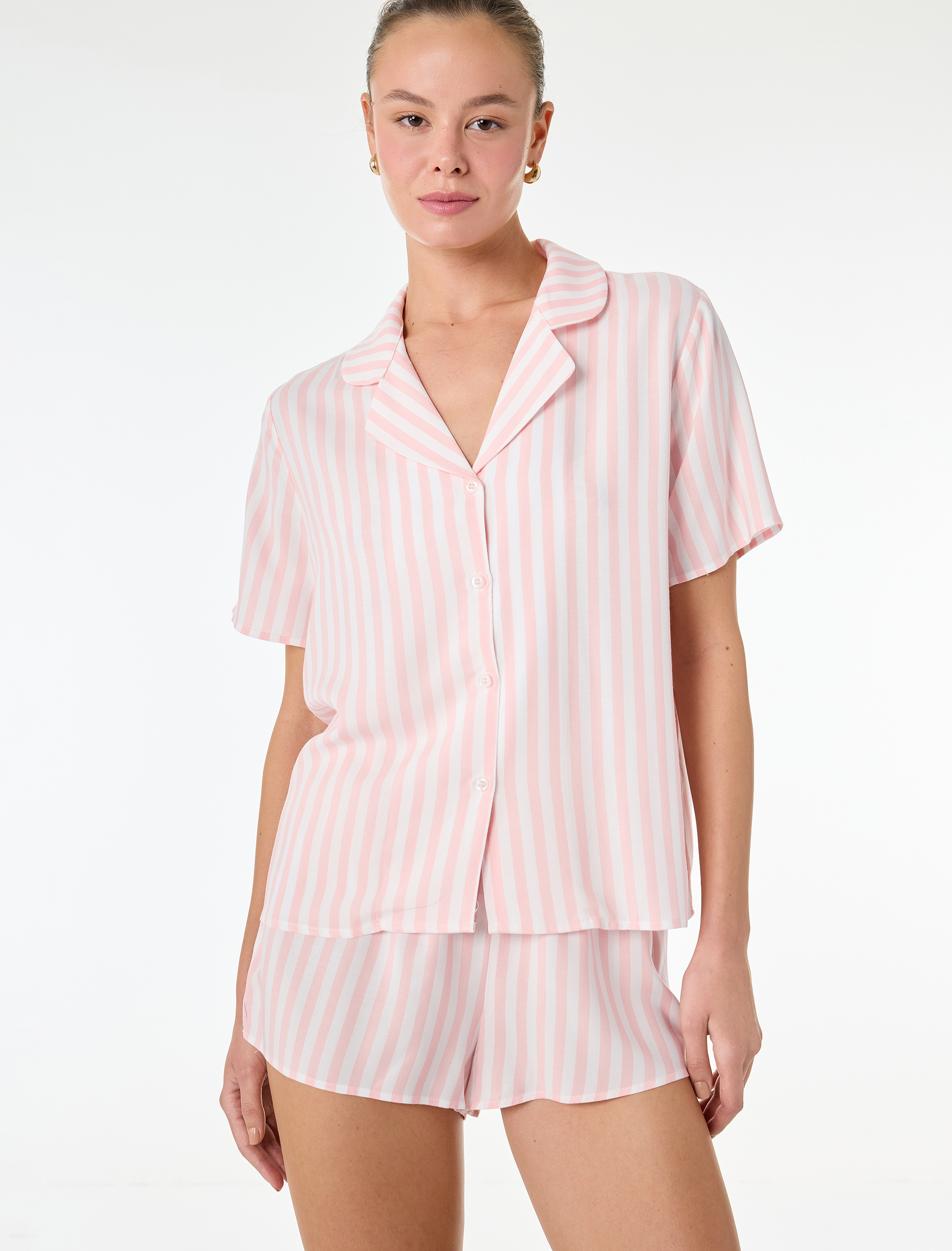   Gömlek Yaka Kısa Kollu Viskon Çizgili Pijama Üstü