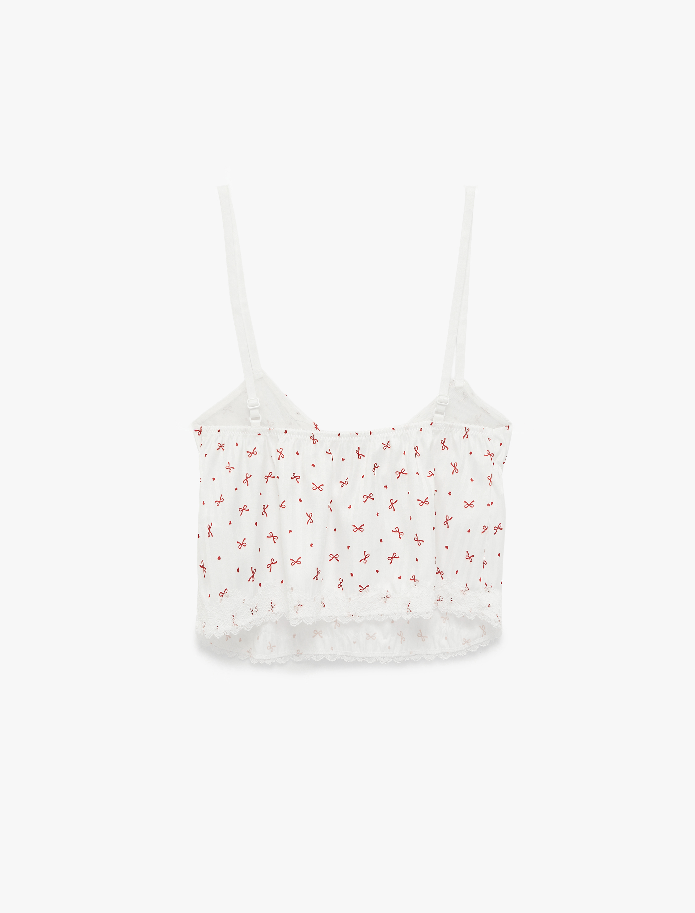   Fiyonk Baskılı Dantel Detaylı V Yaka Askılı Pijama Üstü