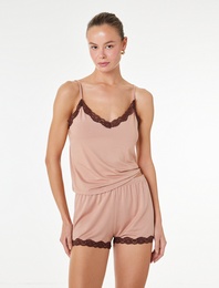 Viskon Kumaş Slim Fit Dantel Detaylı Şort Pijama Altı