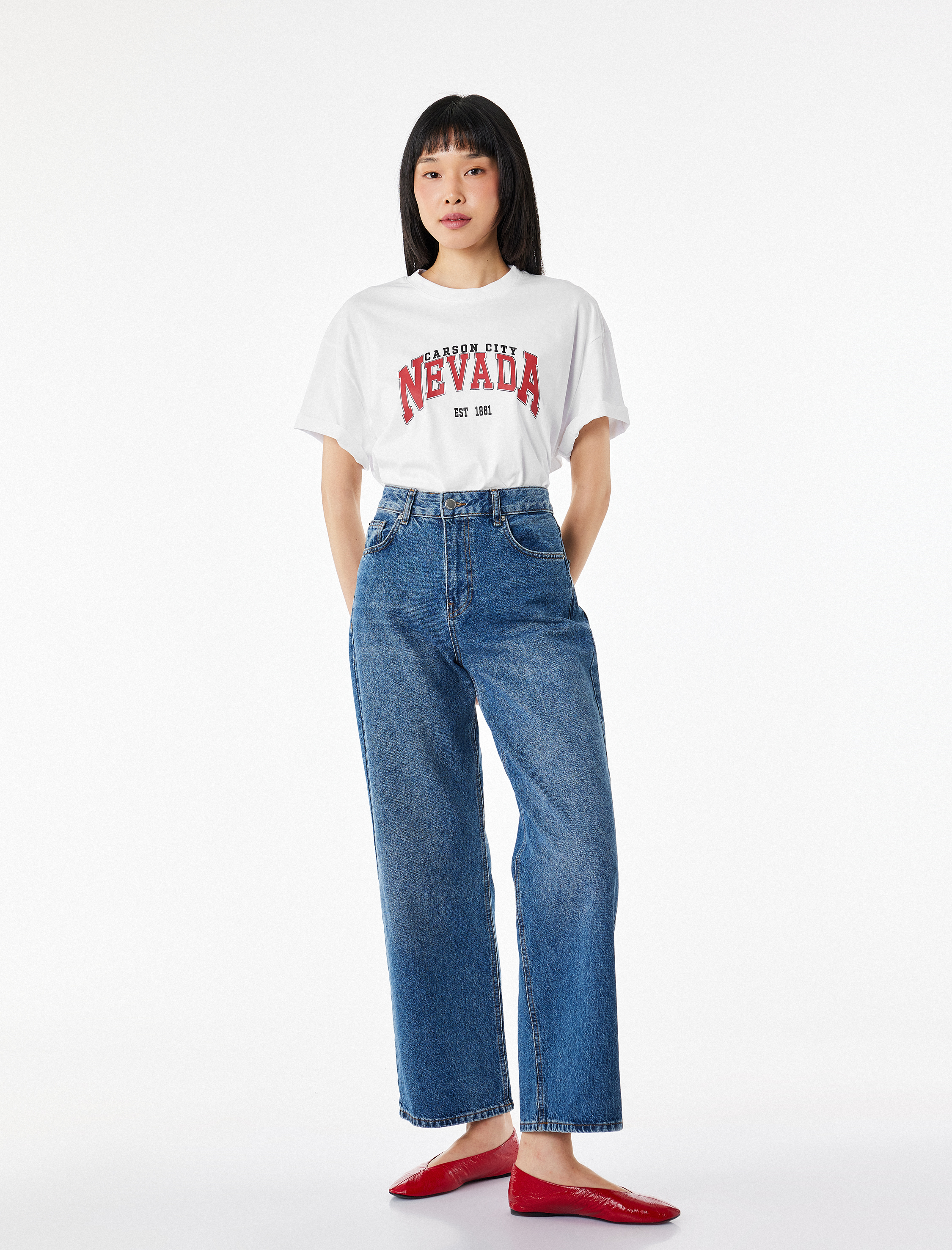 Pamuklu Kısa Kollu Bisiklet Yaka Baskılı Tişört - Görsel 2