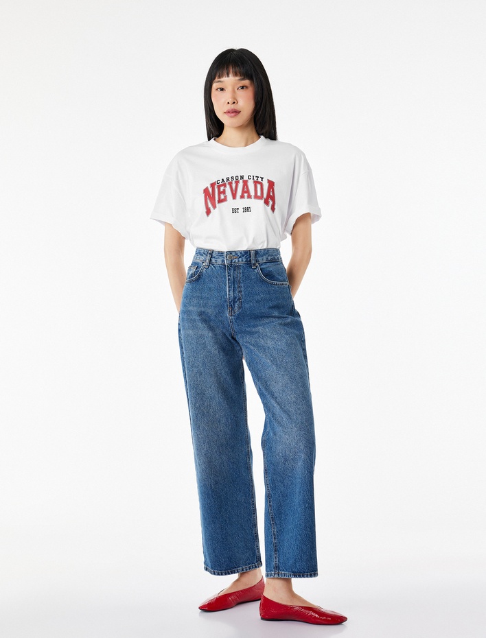  Pamuklu Kısa Kollu Bisiklet Yaka Baskılı Tişört