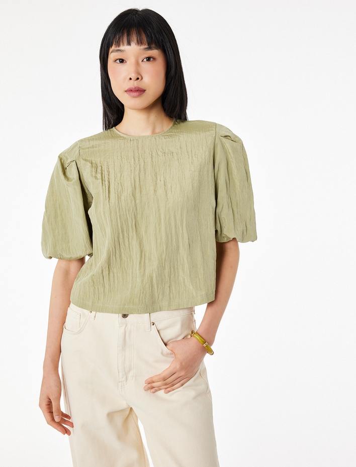 Bisiklet Yaka Kısa Balon Kollu Saten Bluz