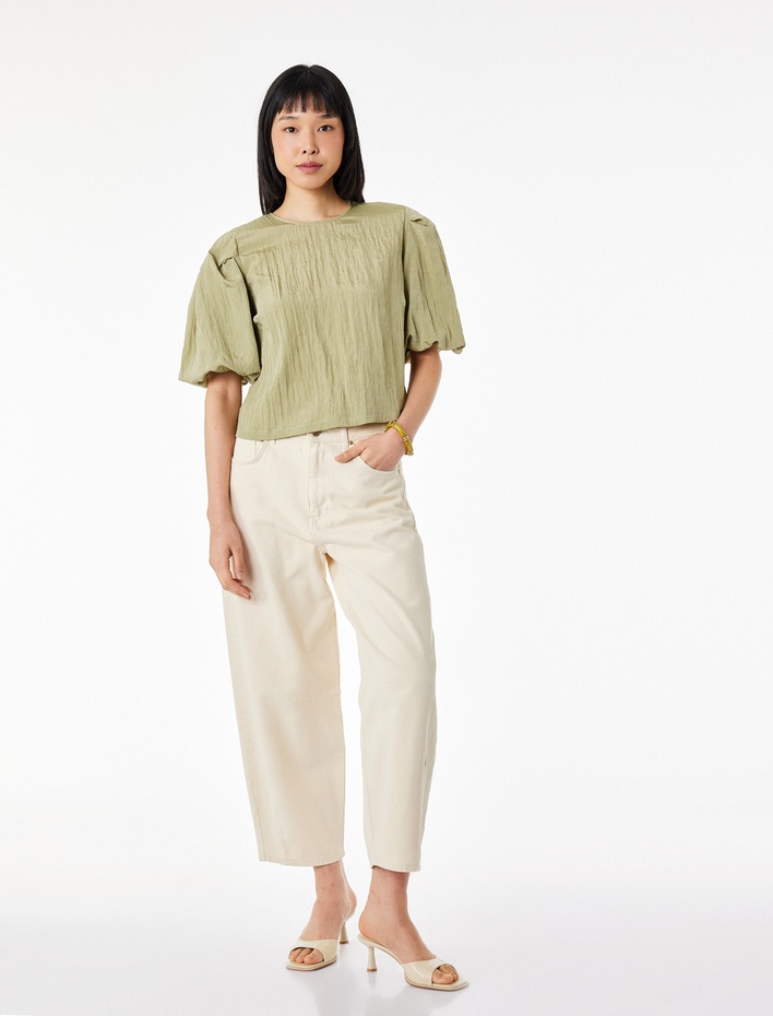  Bisiklet Yaka Kısa Balon Kollu Saten Bluz