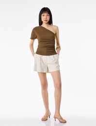Slim Fit Drape Detaylı Kısa Kollu Tek Omuz Bluz