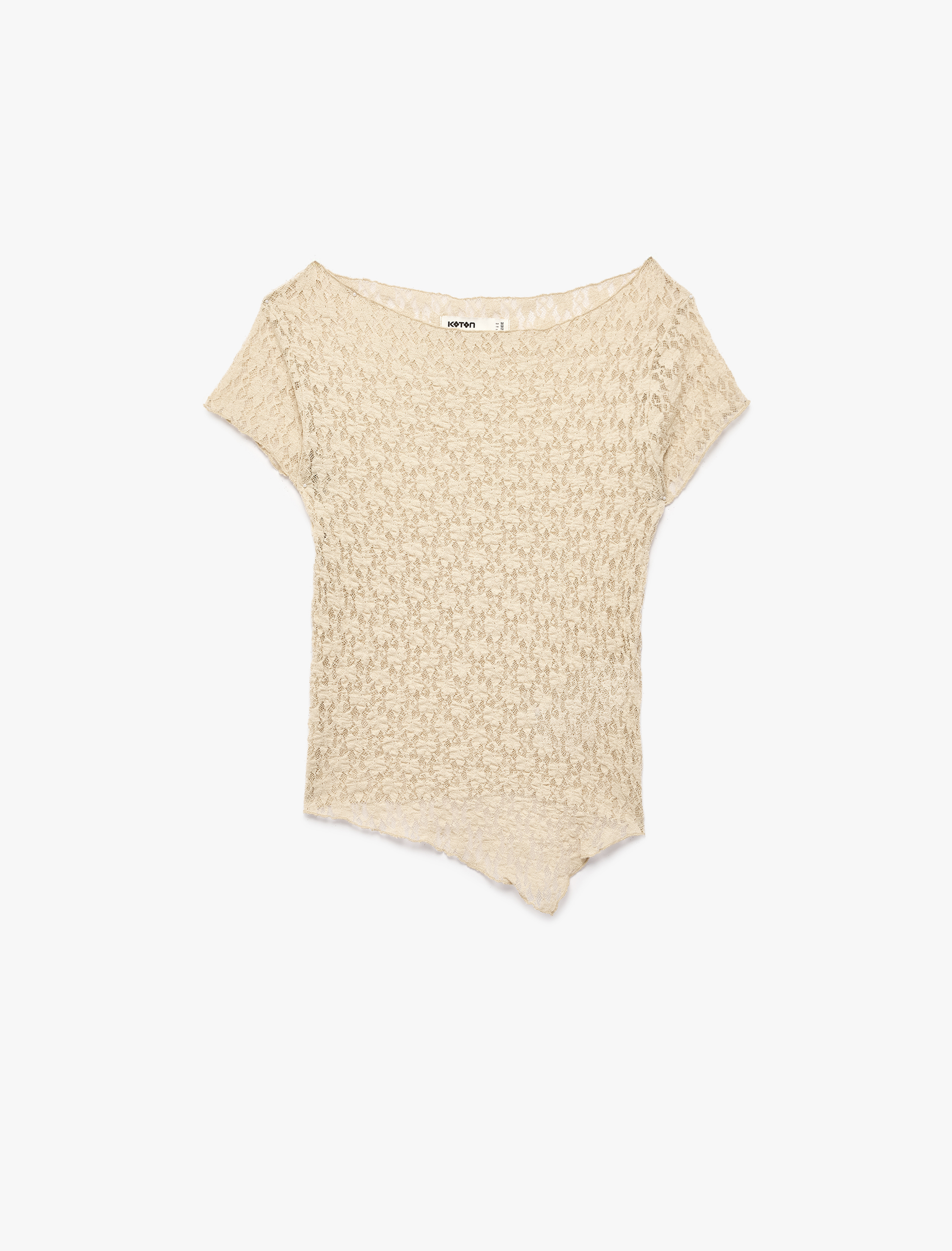 Slim Fit Kayık Yaka Kısa Kollu Yarı Transparan Asimetrik Dantel Tişört - Görsel 3