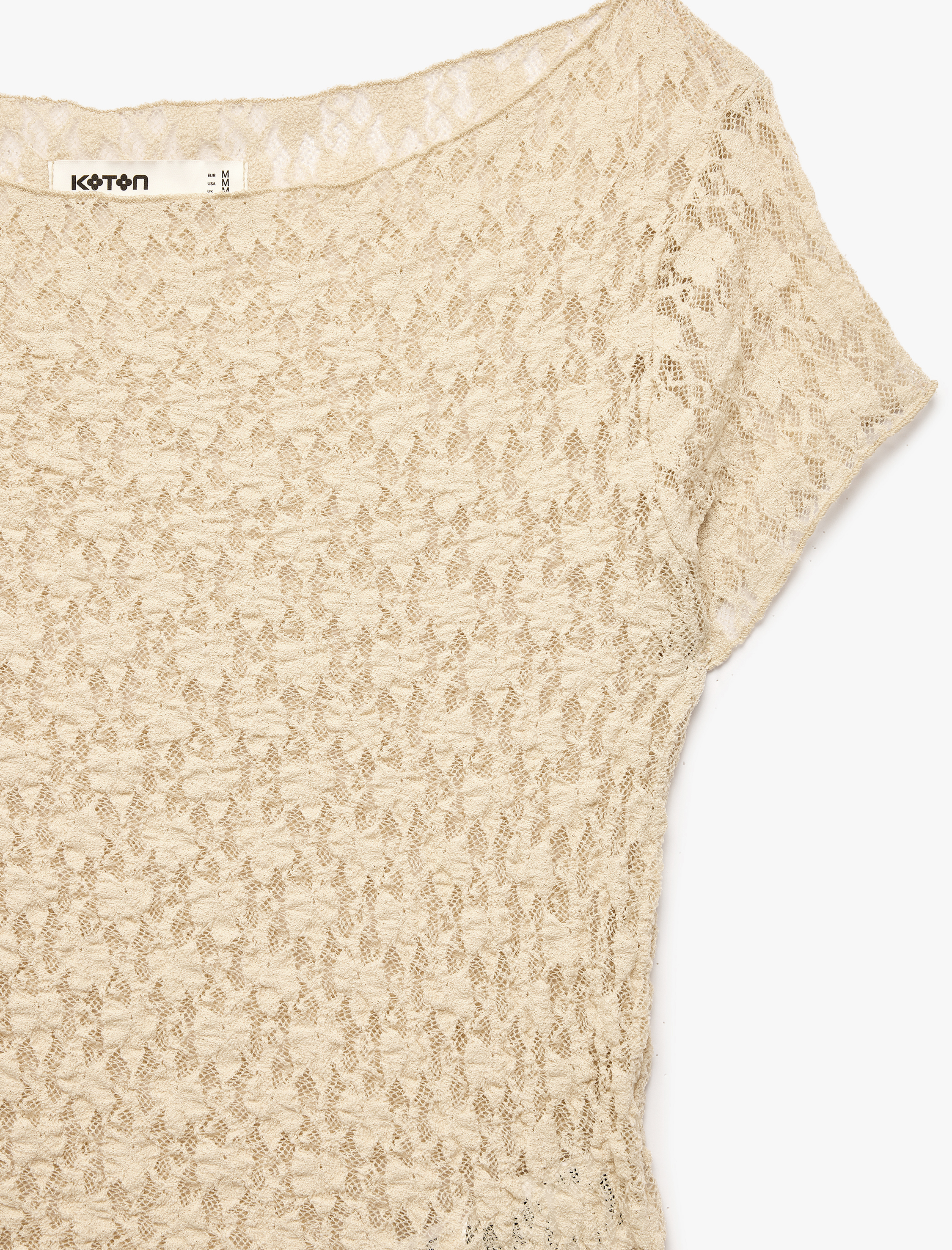 Slim Fit Kayık Yaka Kısa Kollu Yarı Transparan Asimetrik Dantel Tişört - Görsel 5