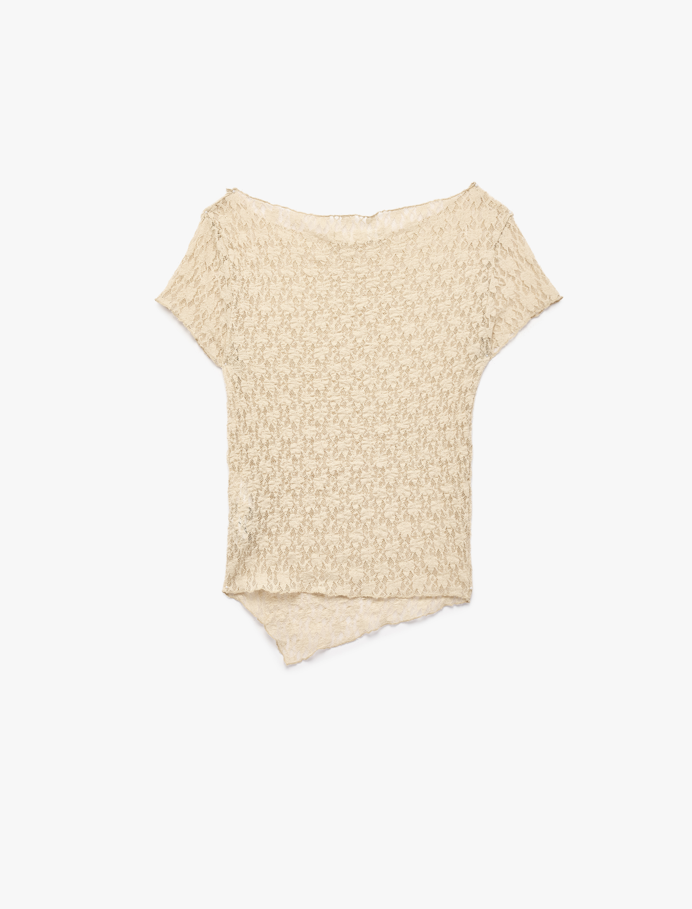 Slim Fit Kayık Yaka Kısa Kollu Yarı Transparan Asimetrik Dantel Tişört - Görsel 4