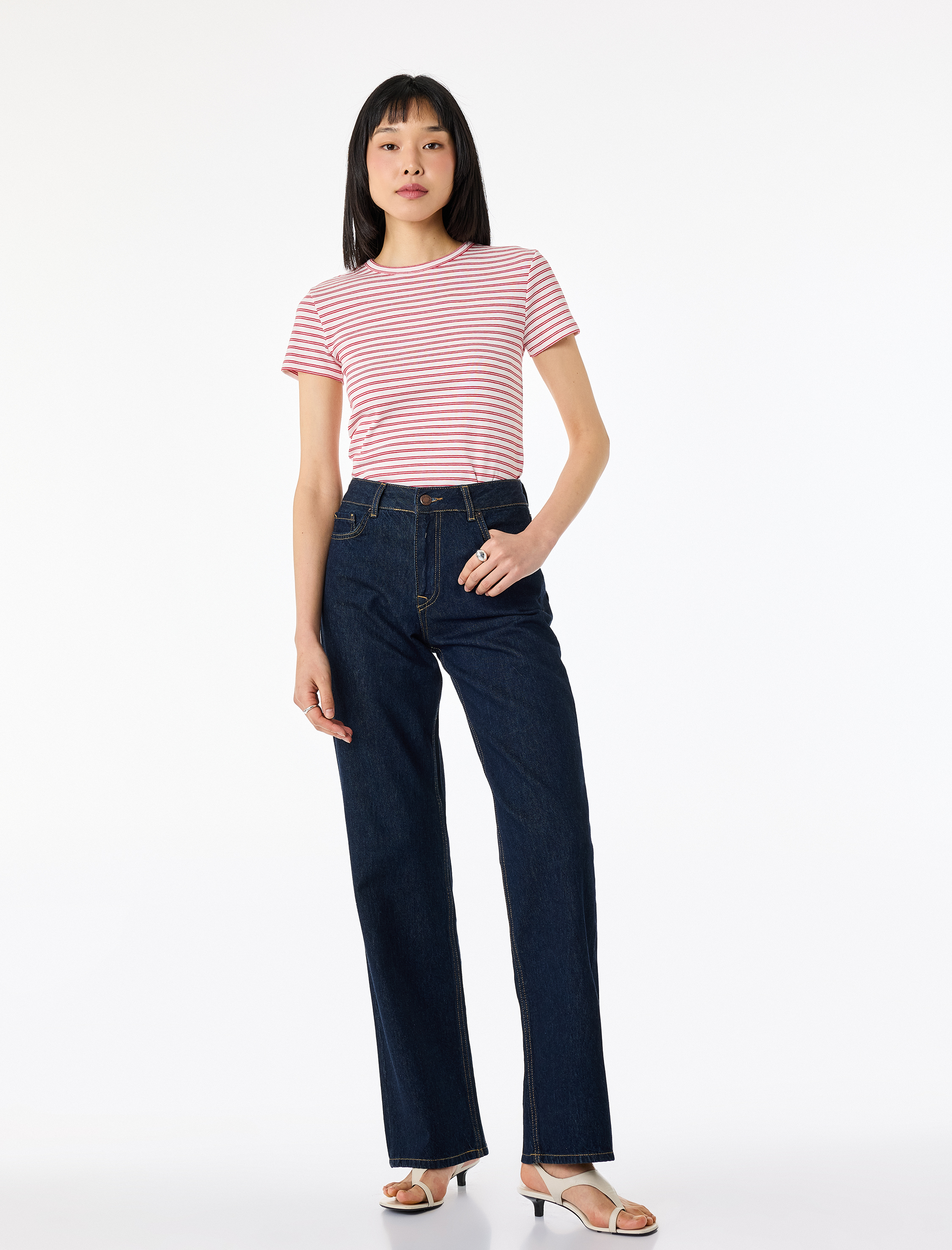 Pamuklu Kısa Kollu Bisiklet Yaka Çizgili Tişört