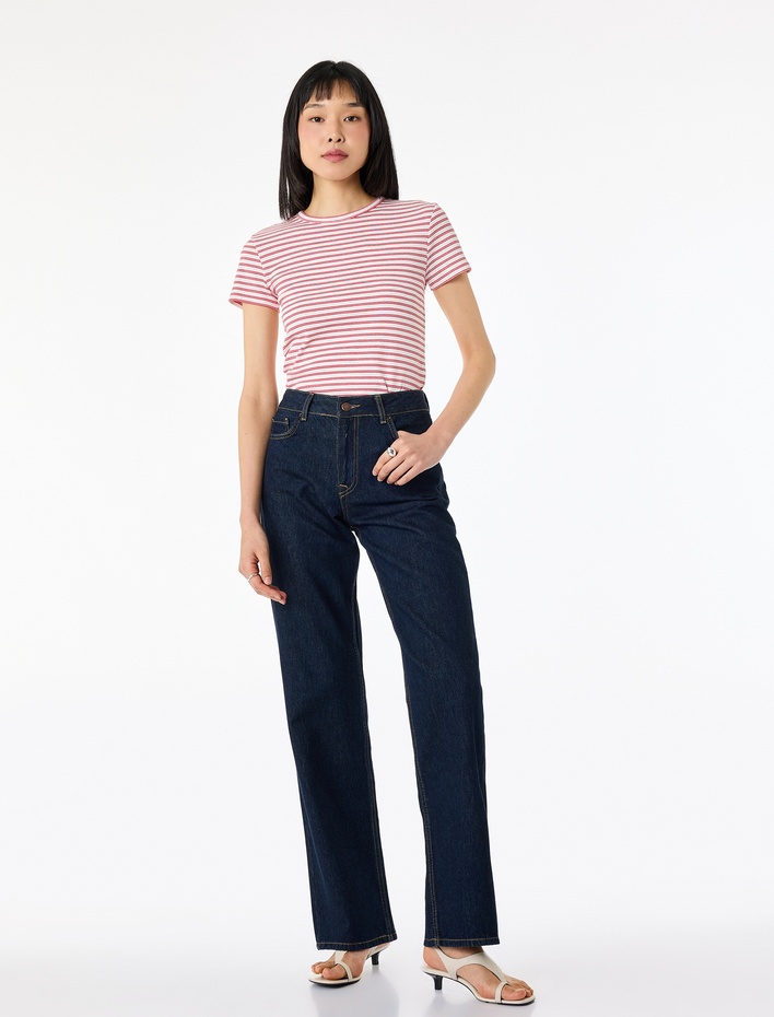  Pamuklu Kısa Kollu Bisiklet Yaka Çizgili Tişört