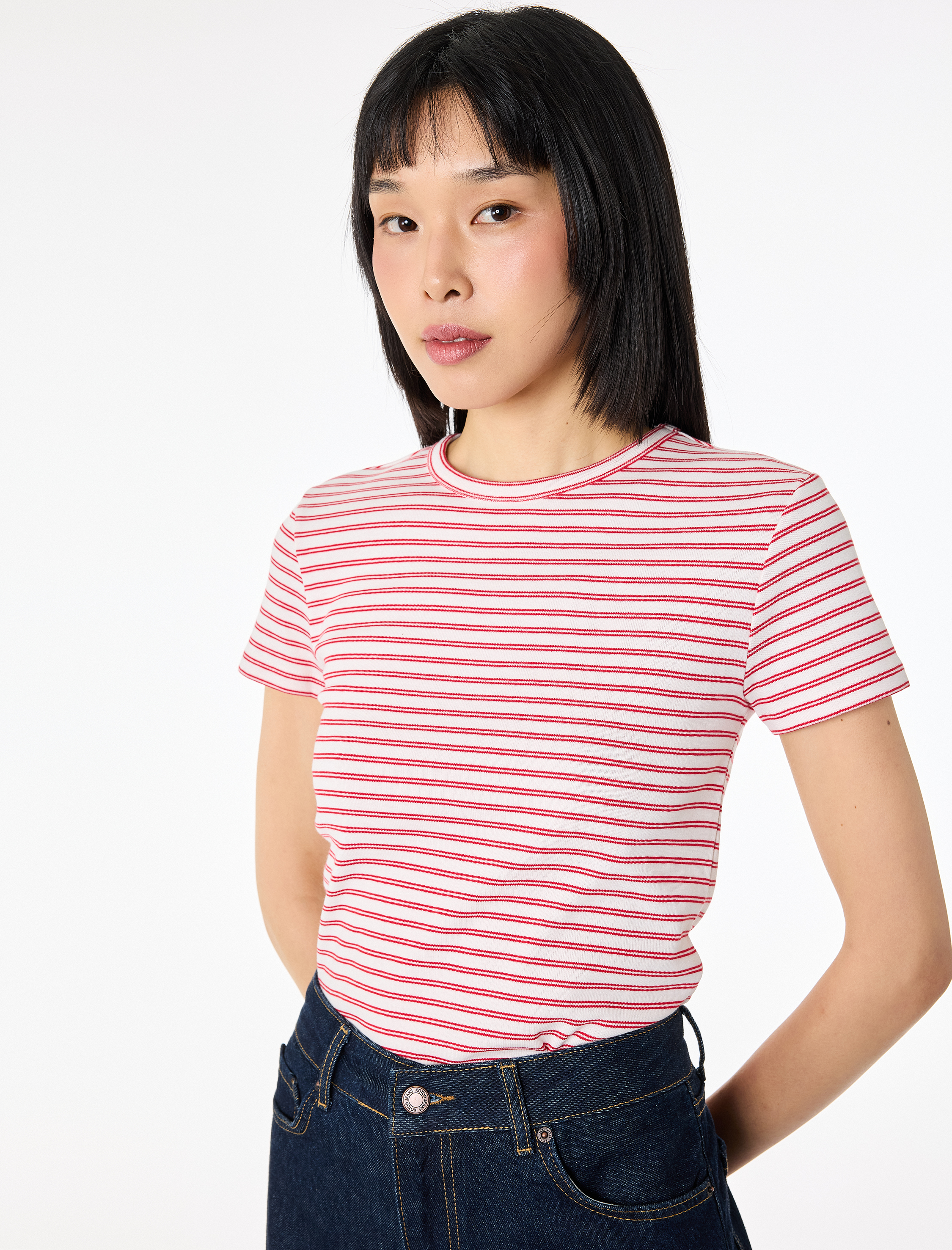 Pamuklu Kısa Kollu Bisiklet Yaka Çizgili Tişört - Görsel 2