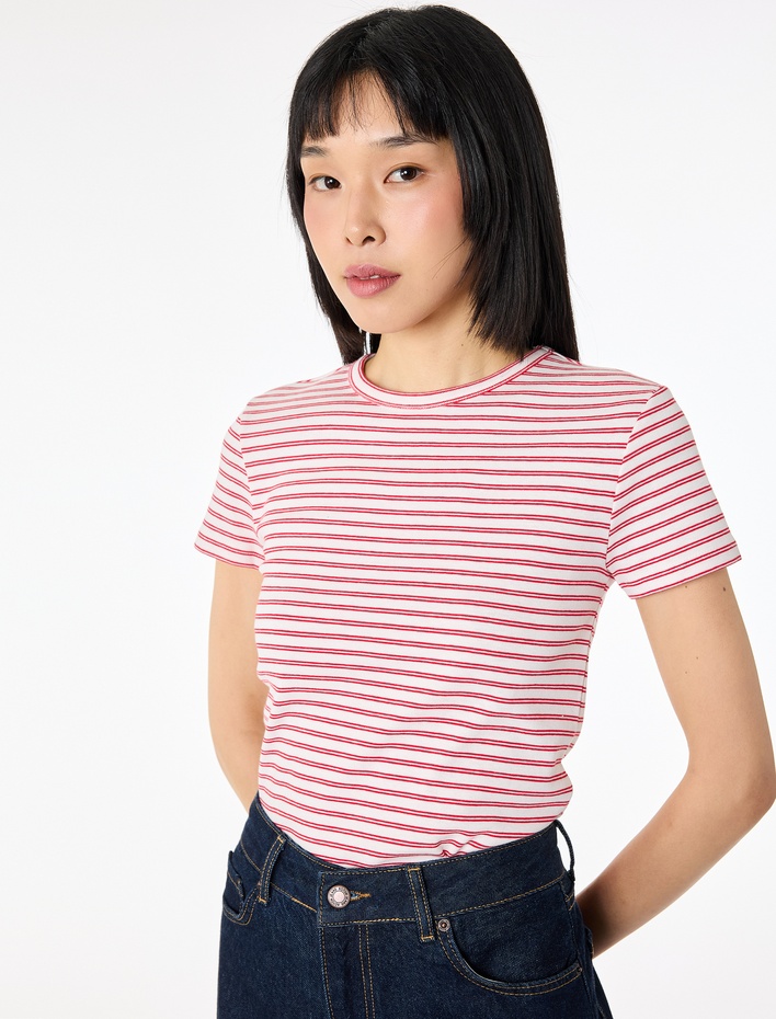  Pamuklu Kısa Kollu Bisiklet Yaka Çizgili Tişört