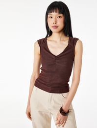 Slim Fit Kolsuz Büzgülü V Yaka Tişört