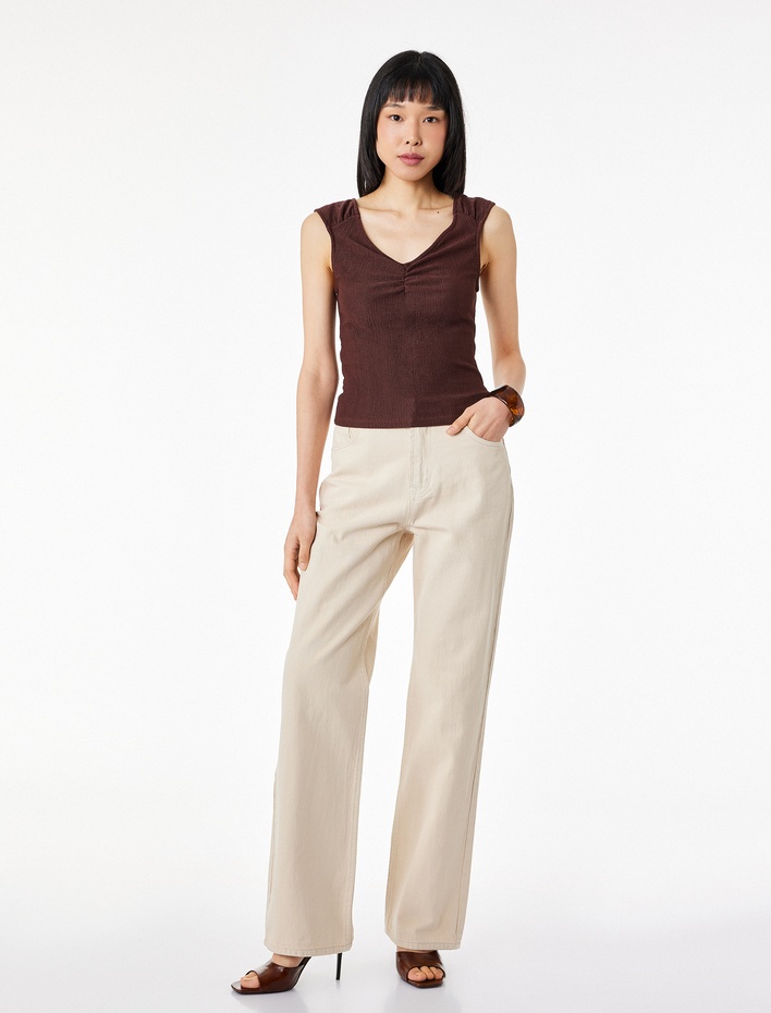  Slim Fit Kolsuz Büzgülü V Yaka Tişört