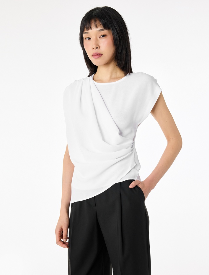  Asimetrik Kesim Kolsuz Bisiklet Yaka Drapeli Bluz