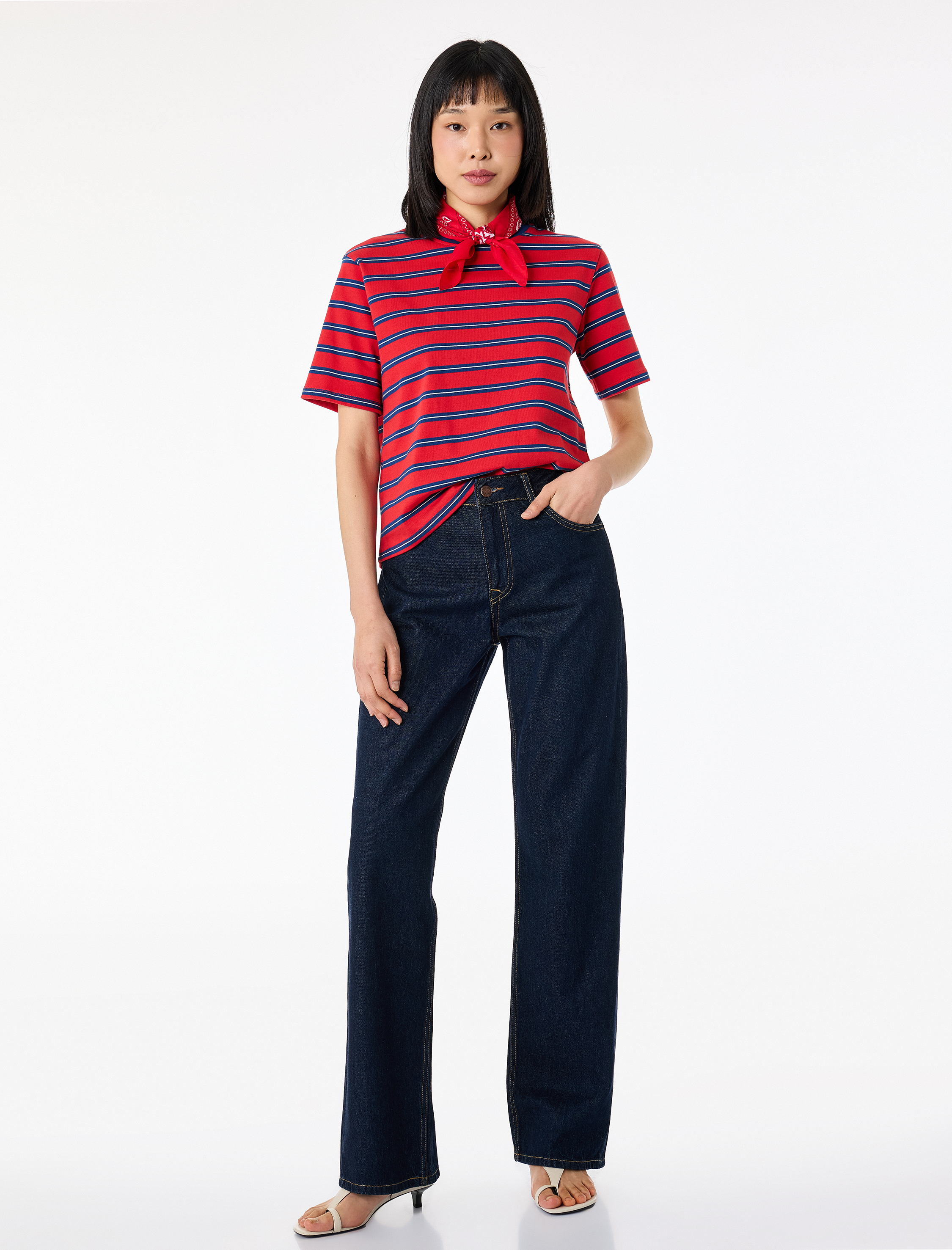 Pamuklu Regular Fit Kısa Kollu Bisiklet Yaka Çizgili Tişört - Görsel 2