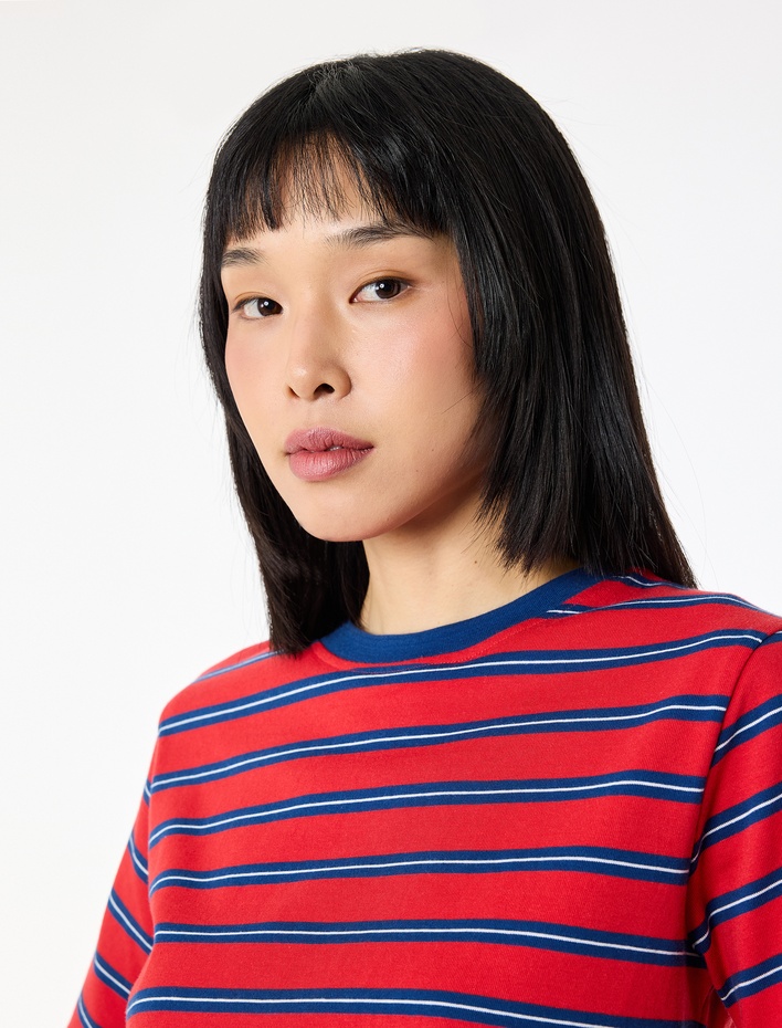  Pamuklu Regular Fit Kısa Kollu Bisiklet Yaka Çizgili Tişört