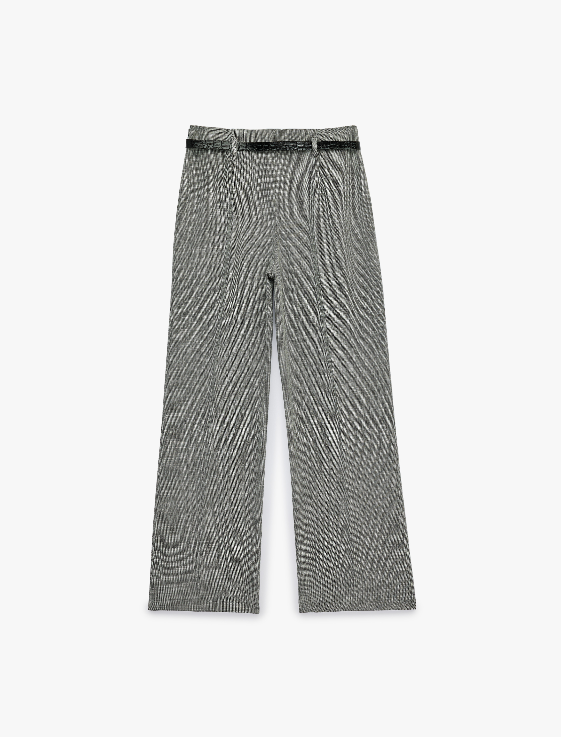 Cepli Kemerli Düz Geniş Paça Kumaş Pantolon - Görsel 4