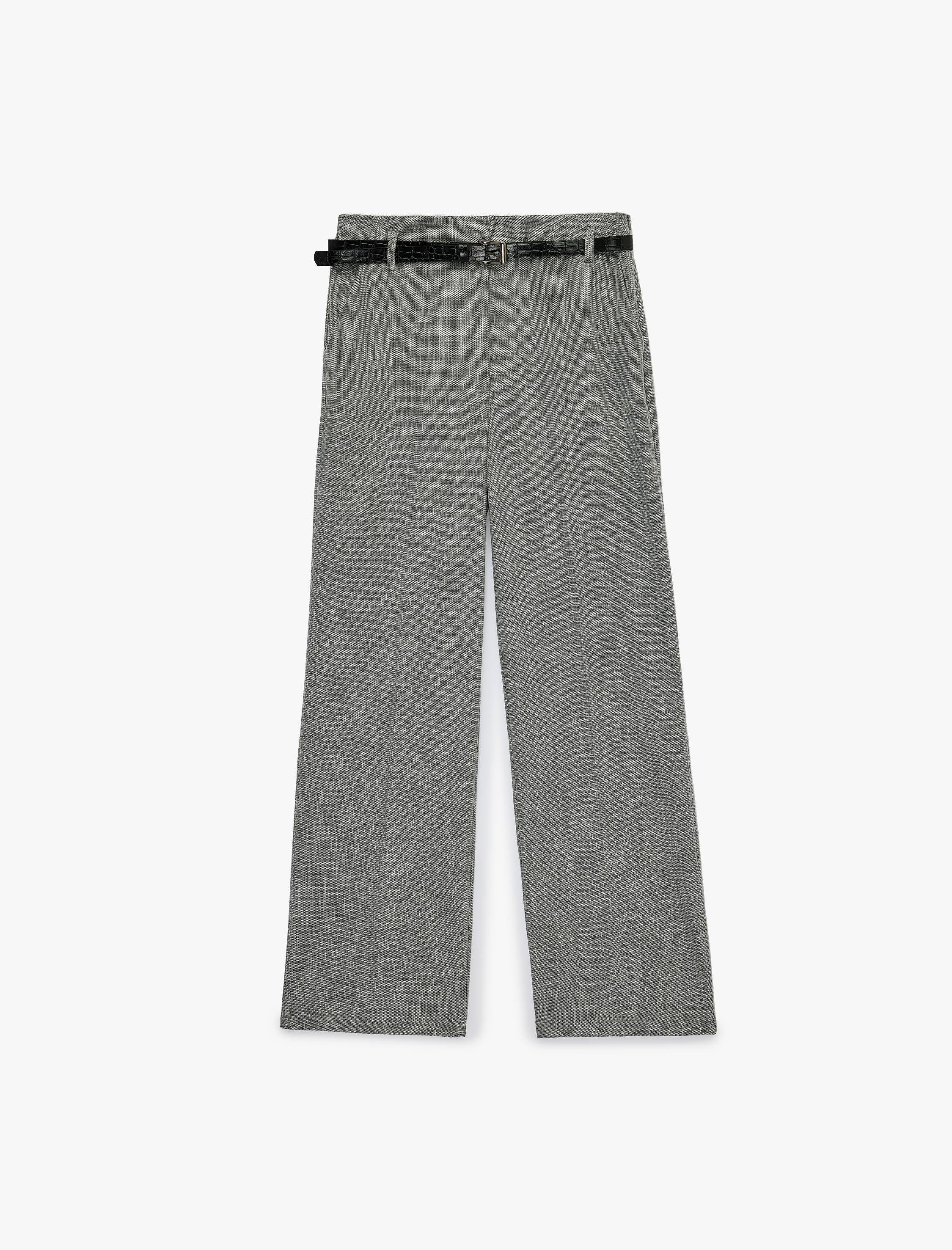 Cepli Kemerli Düz Geniş Paça Kumaş Pantolon - Görsel 3