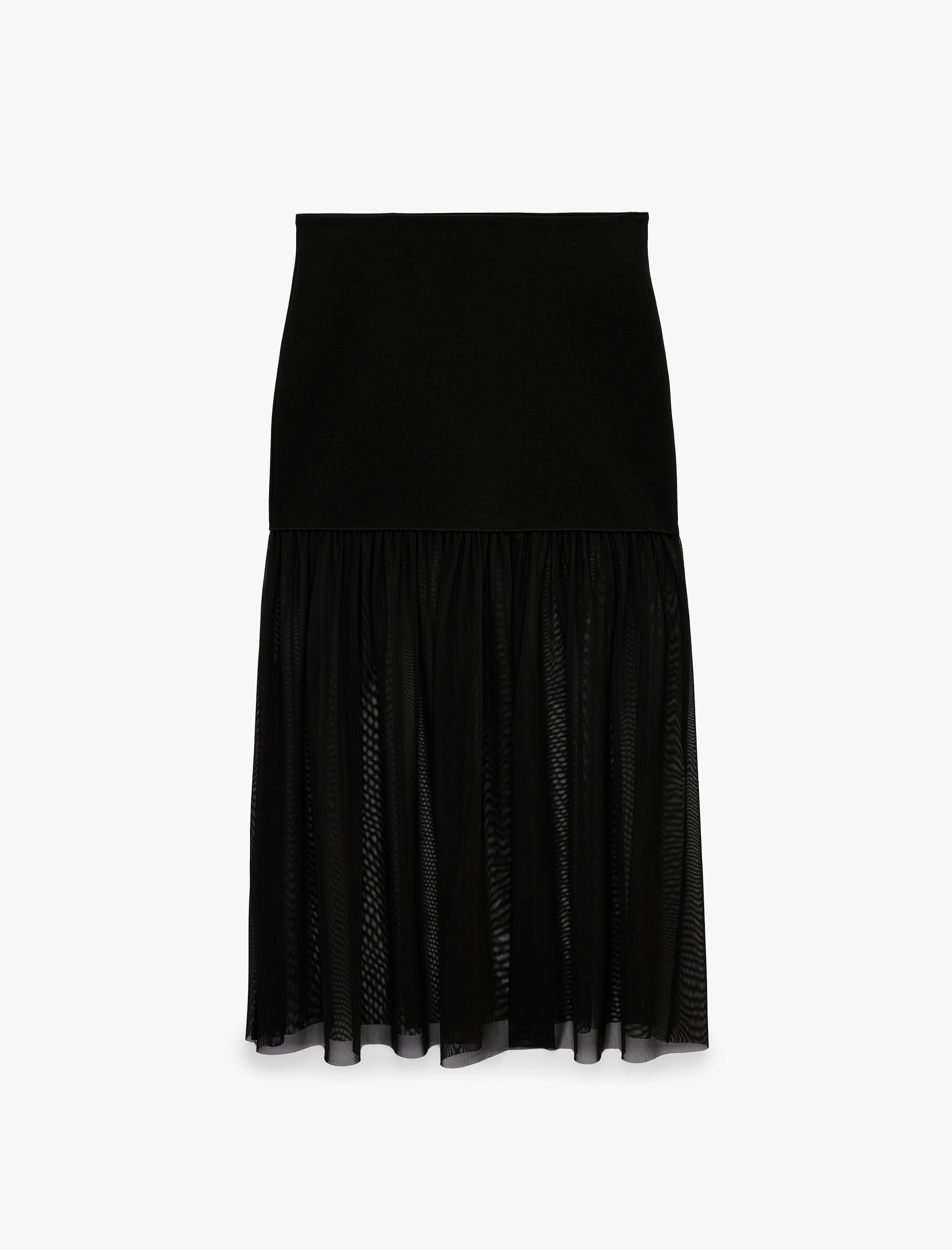   Krep Scuba Kumaş Slim Fit Transparan Tül Detaylı Midi Etek