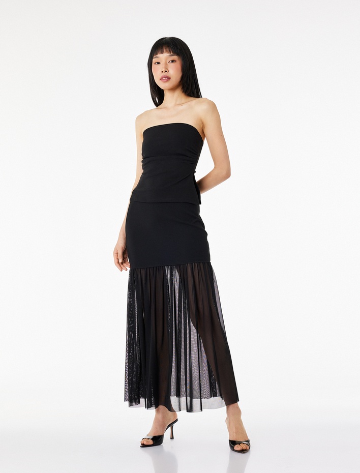  Krep Scuba Kumaş Slim Fit Transparan Tül Detaylı Midi Etek