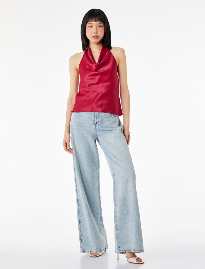  Sırt Dekolteli Degaje Yaka Saten Bluz