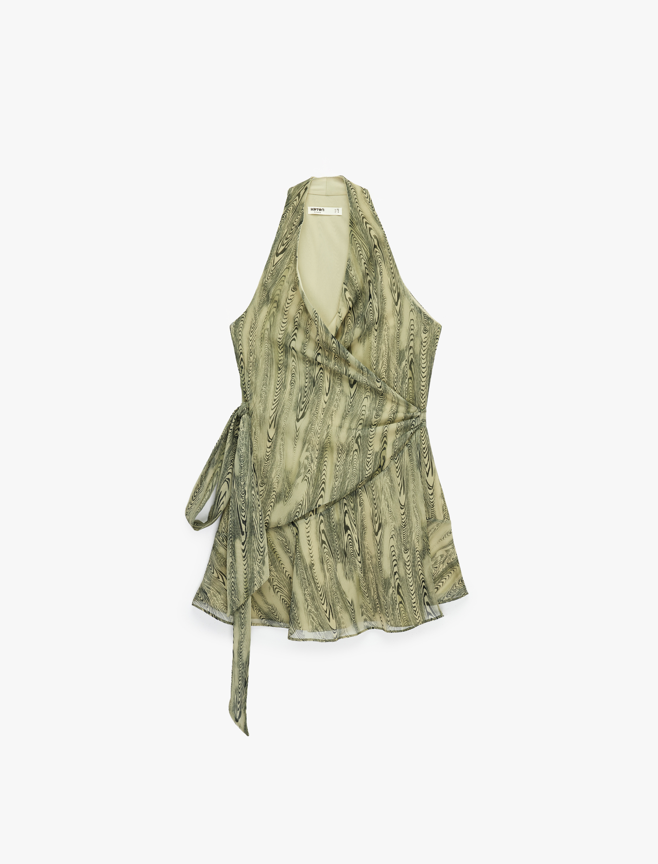 Kemer Detaylı Soyut Desenli Şifon Kolsuz Kruvaze Yaka Bluz - Görsel 3