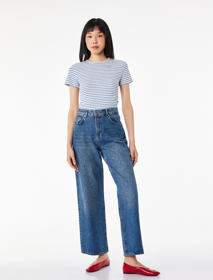  Pamuklu Kısa Kollu Bisiklet Yaka Çizgili Tişört