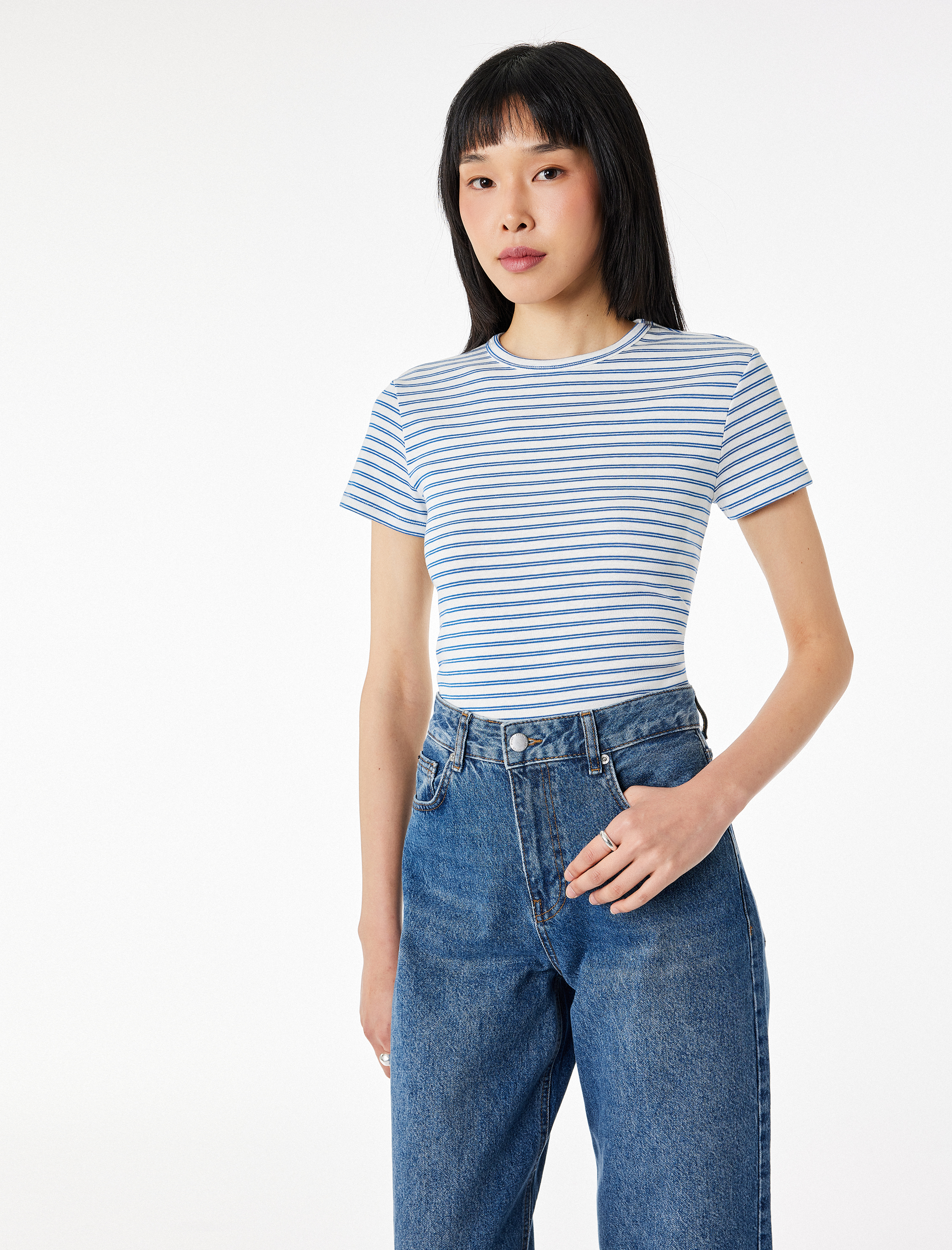   Pamuklu Kısa Kollu Bisiklet Yaka Çizgili Tişört