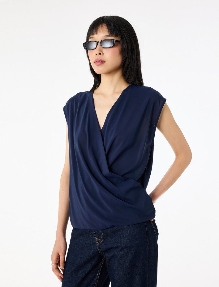  Kruvaze V Yaka Kolsuz Şifon Bluz