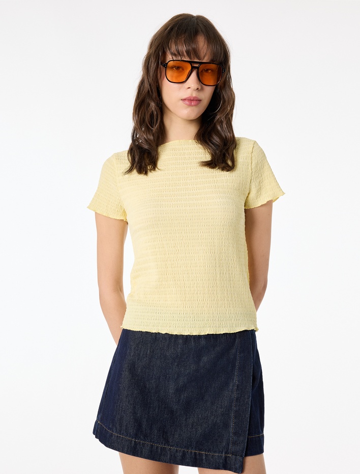  Viskon Karışımlı Kısa Kollu Bürümcük Kayık Yaka Tişört