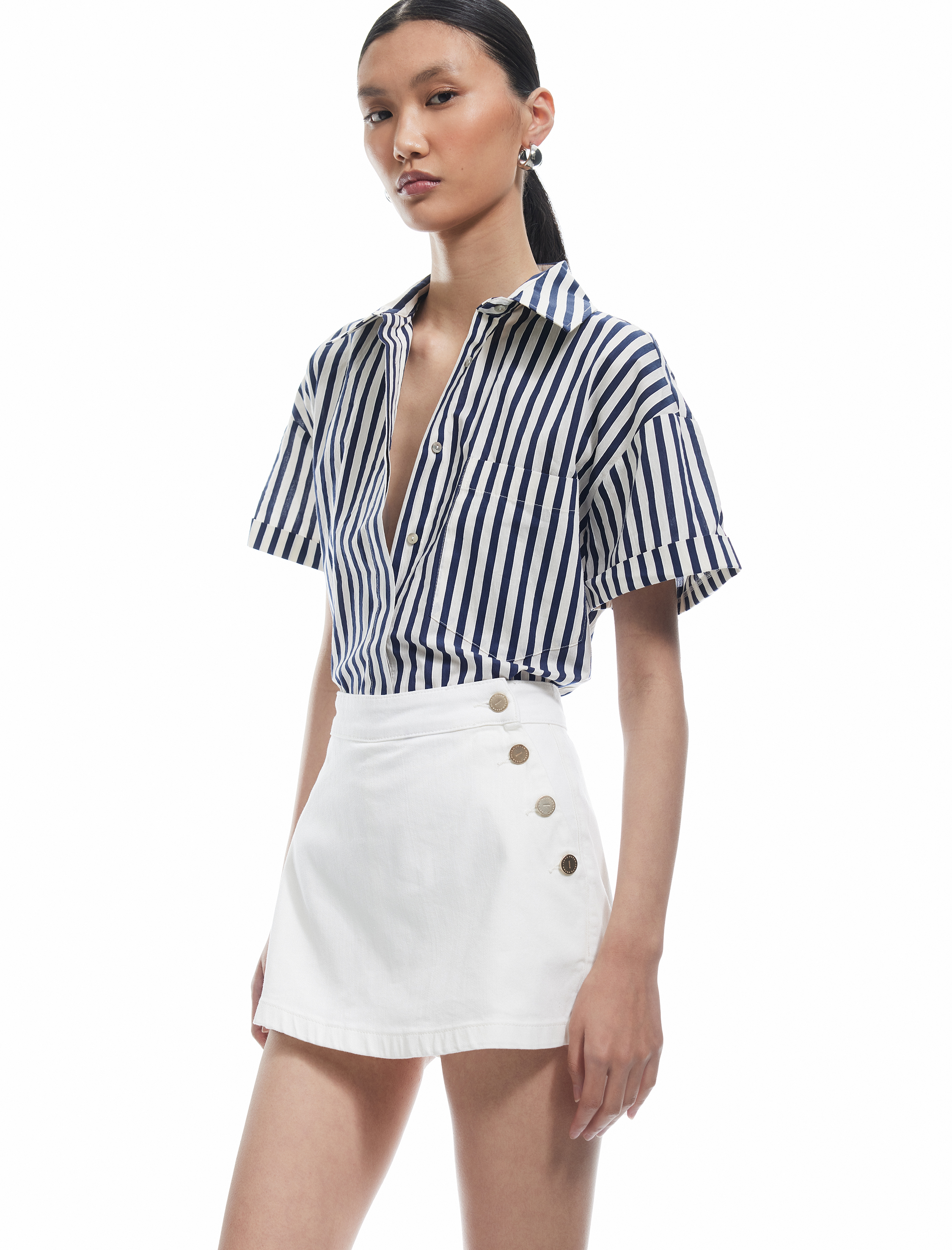   Yüksek Bel Düğmeli Pamuklu Mini Şort Etek