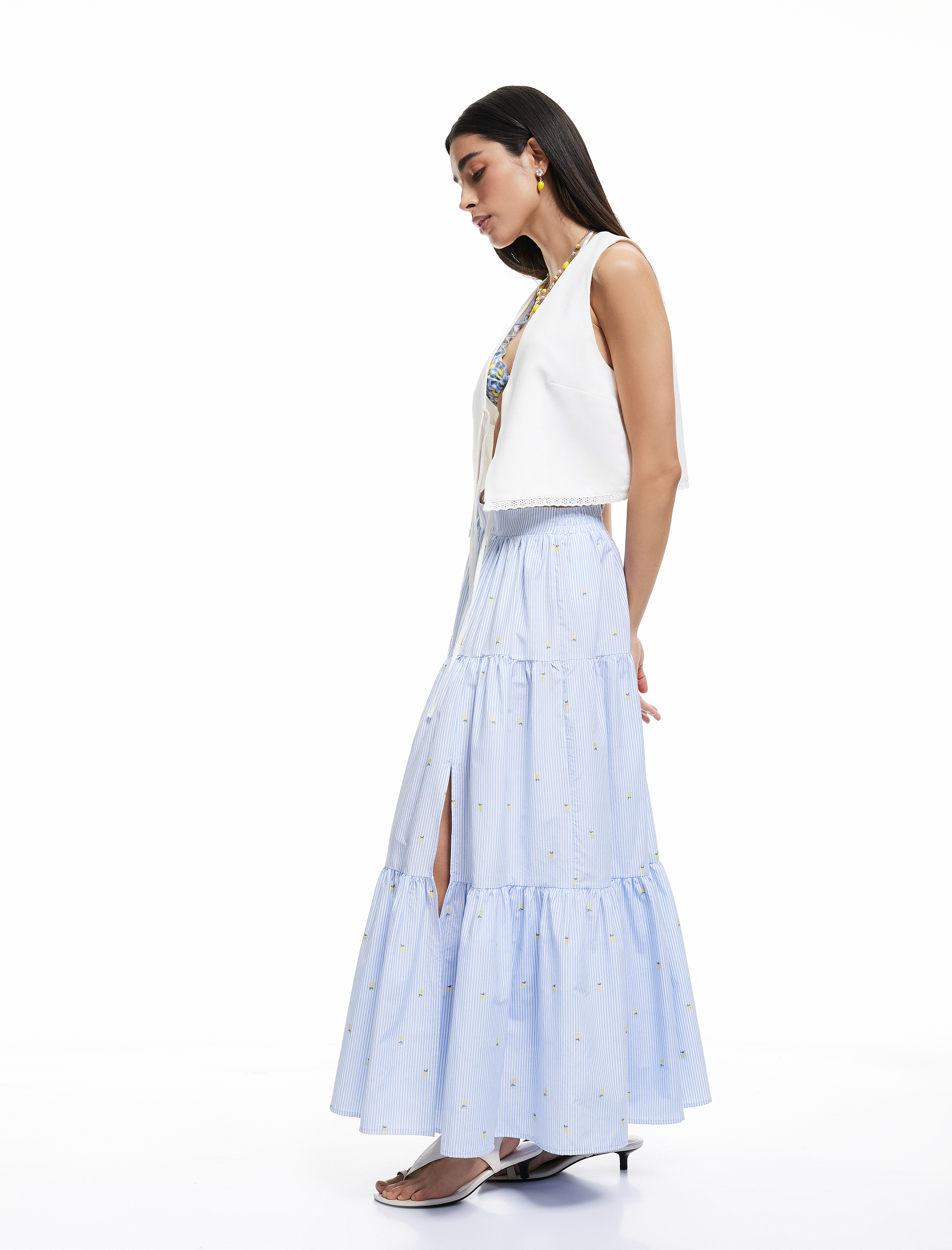   Koton X Sibil Çetinkaya - Yırtmaçlı Limon İşleme Detaylı Uzun Poplin Kloş Etek